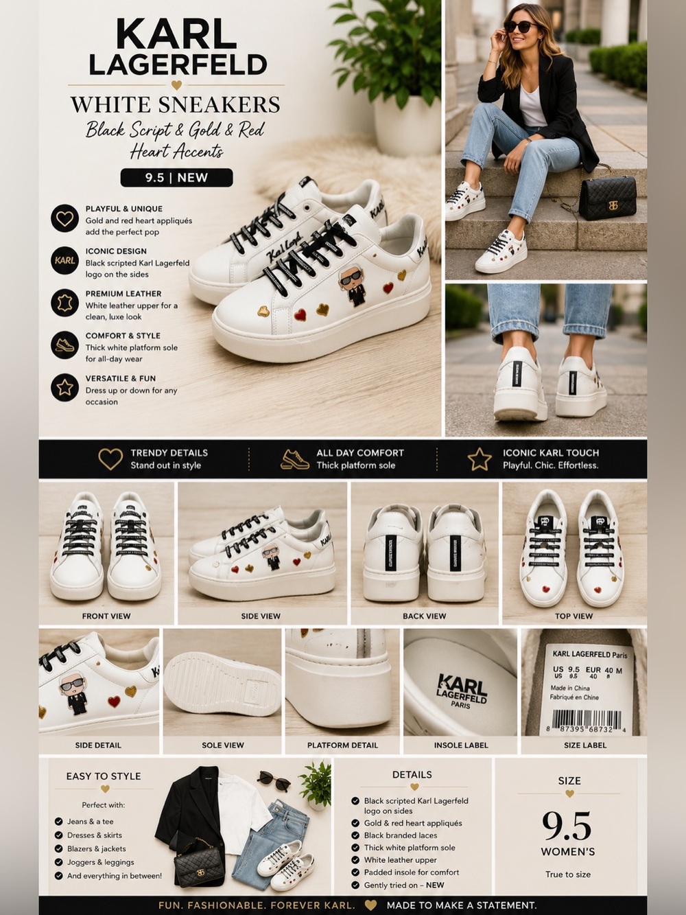 Karl Lagerfeld White Sneakers Black Script and Gold & Red Heart Accents 9.5 NEW